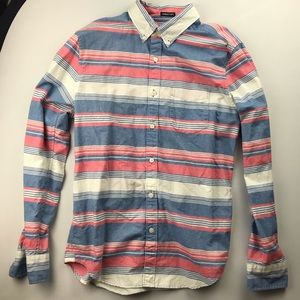 American Eagle Pink Blue White Striped Button Up